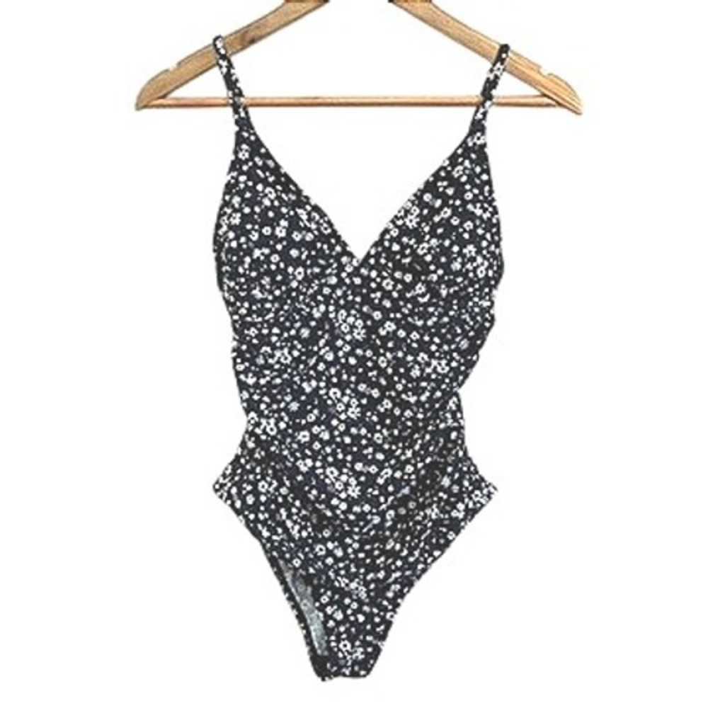 Floral Print‎ One Piece Swimsuit Women's Ruched Black White - Beach Pool